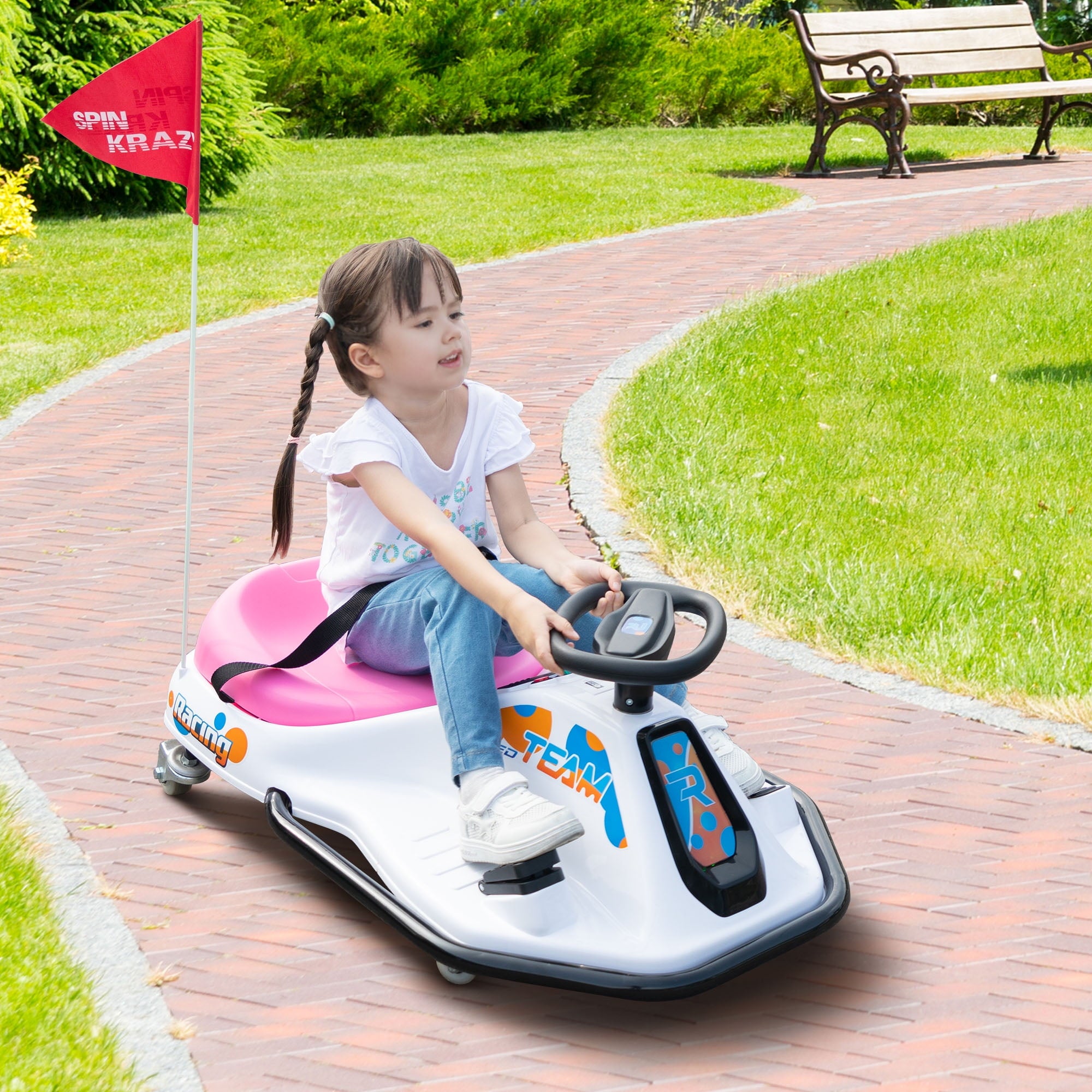 Track 7 24V Electric Drifting Go Kart for Kids, Kids Electric Go Kart w/360-Degree Spin, Music, Bluetooth, Flag, Drift Kart Up to 7.5 mph, Pink