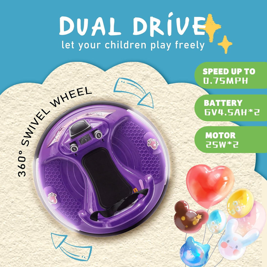 Track Seven 12V Ride On Bumper Car, 360° Spin, Remote Control, Dual Steering Handles, Kids Bumper Car with LED Lights, Music, Joysticks, Electric Car for Toddlers Boys Girls Ages 2-5, Purple