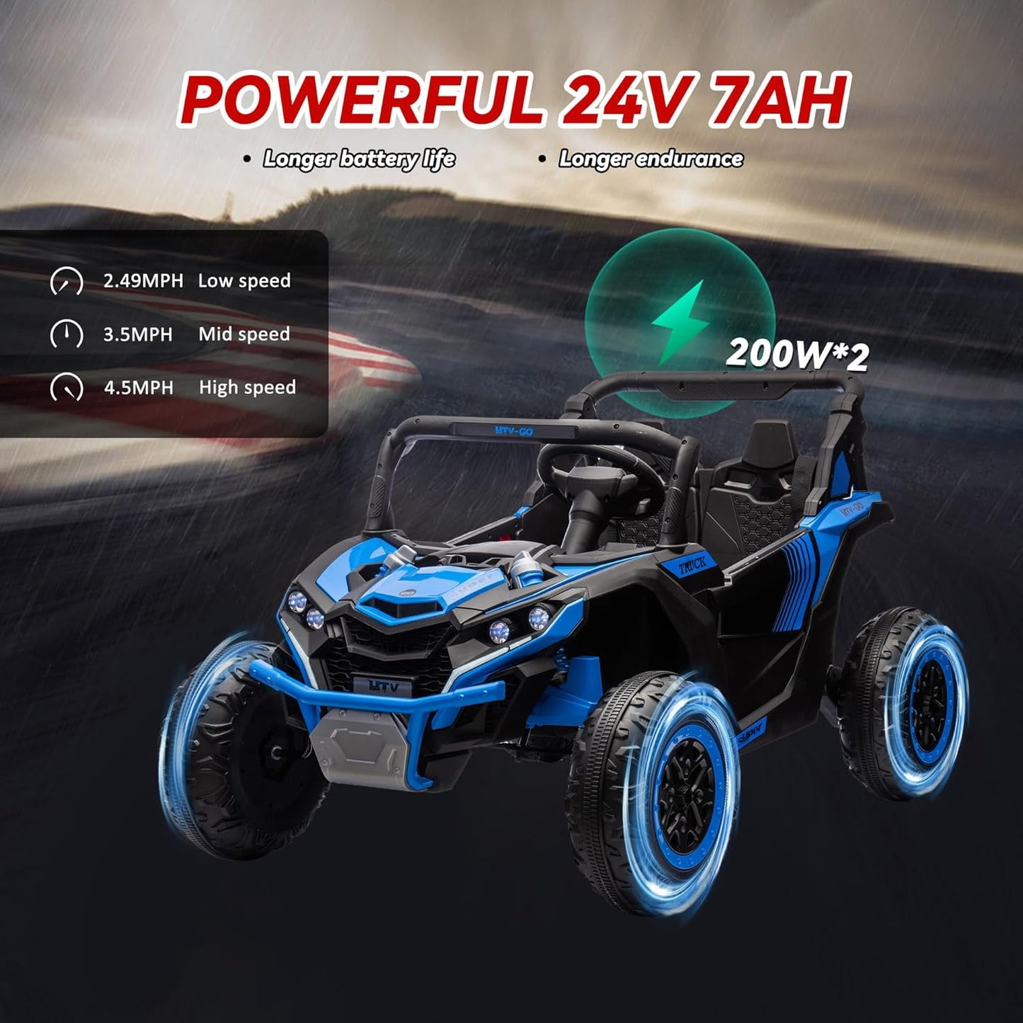 Track 7 24V 2-Seater Ride on UTV, 20" Large Seat, 2 x 200W Powerful Motors, 4.5 mph Max Speed, Ride on Car w/Remote Control, MP3, Lights, Battery Powered Electric Car for Boys Girls Age 3+, Blue