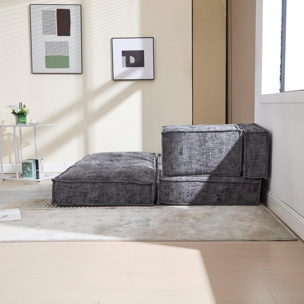 BISHE 78" Modular Sectional Sofa Bed, Chenille Fabric L-Shaped Cloud Couch with Storage Pockets, No Assembly Required, Space-Saving Convertible Sleeper for Living Room, Apartment, Office, Grey