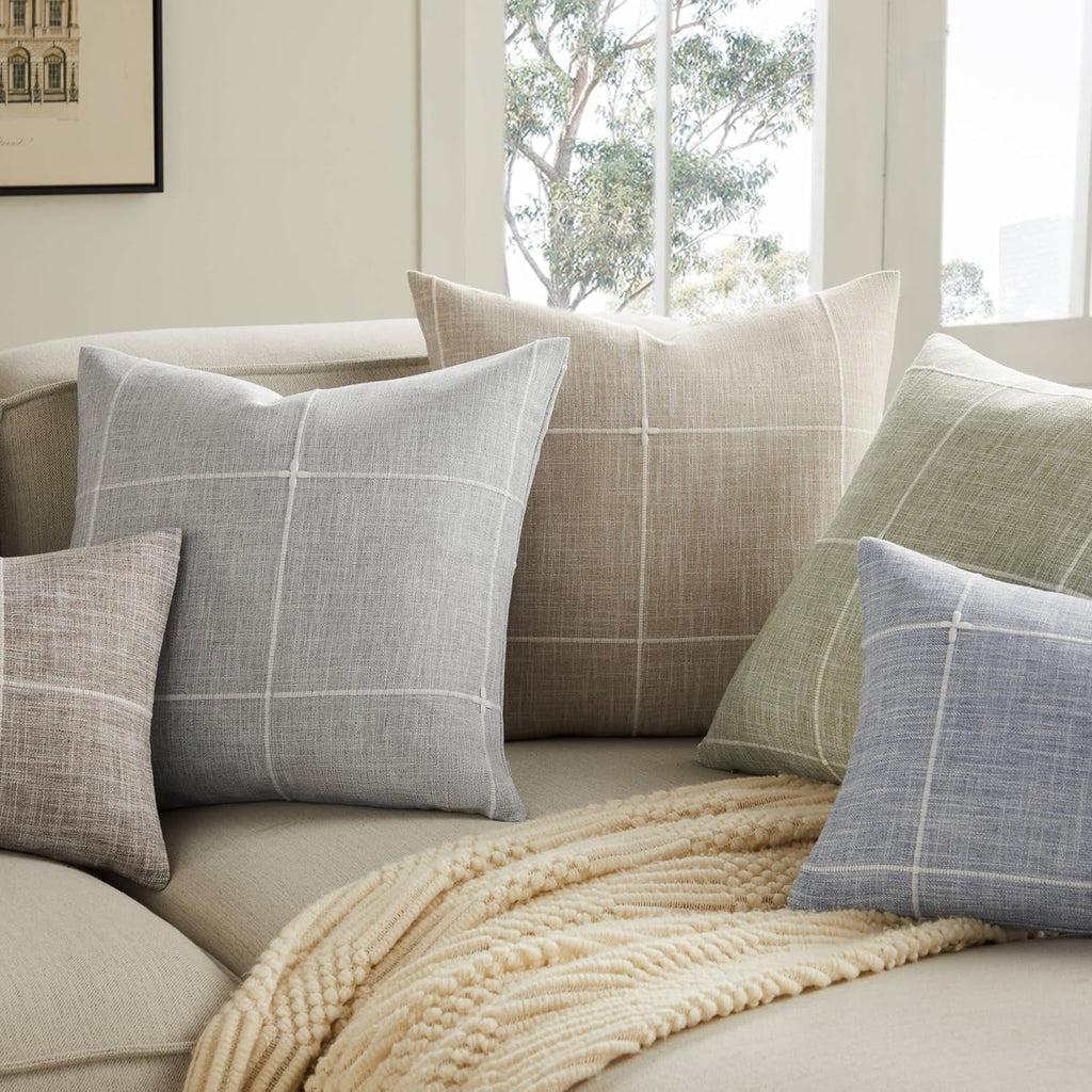 COOKCOK 2 Packs Grid Embroidery Throw Pillow Covers, 18x18 Inch Taupe, Farmhouse Cotton Linen Decorative Light Brown Cushion Covers for Sofa Bed Living Room Home Decor