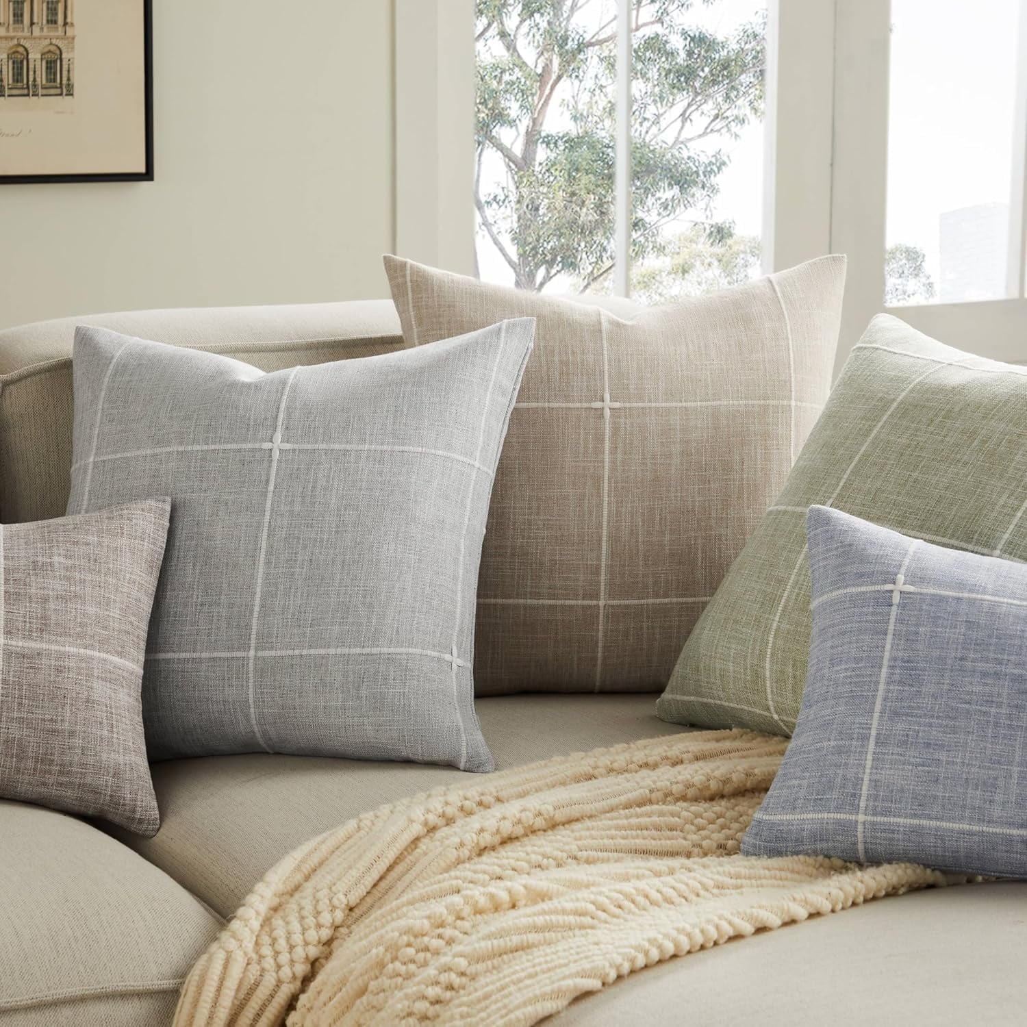 COOKCOK 2 Packs Grid Embroidery Throw Pillow Covers, 18x18 Inch Taupe, Farmhouse Cotton Linen Decorative Light Brown Cushion Covers for Sofa Bed Living Room Home Decor