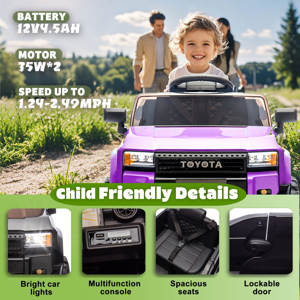 Track Seven 12V Ride on Car, Licensed Toyota LC250 Ride on Truck for Kids, Electric Car with Remote Control, Power Display, Music, Bluetooth, 12V Ride on Toy Car for Boys Girls Age 2+, Purple