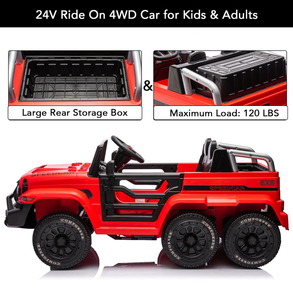 Track 7 24V Ride on Car, 4WD Electric Car for Boys Girls Age 3+, 6 Wheels Ride on Car with Remote Control, Music, Lights, Rocking Mode, Storage Box, Red