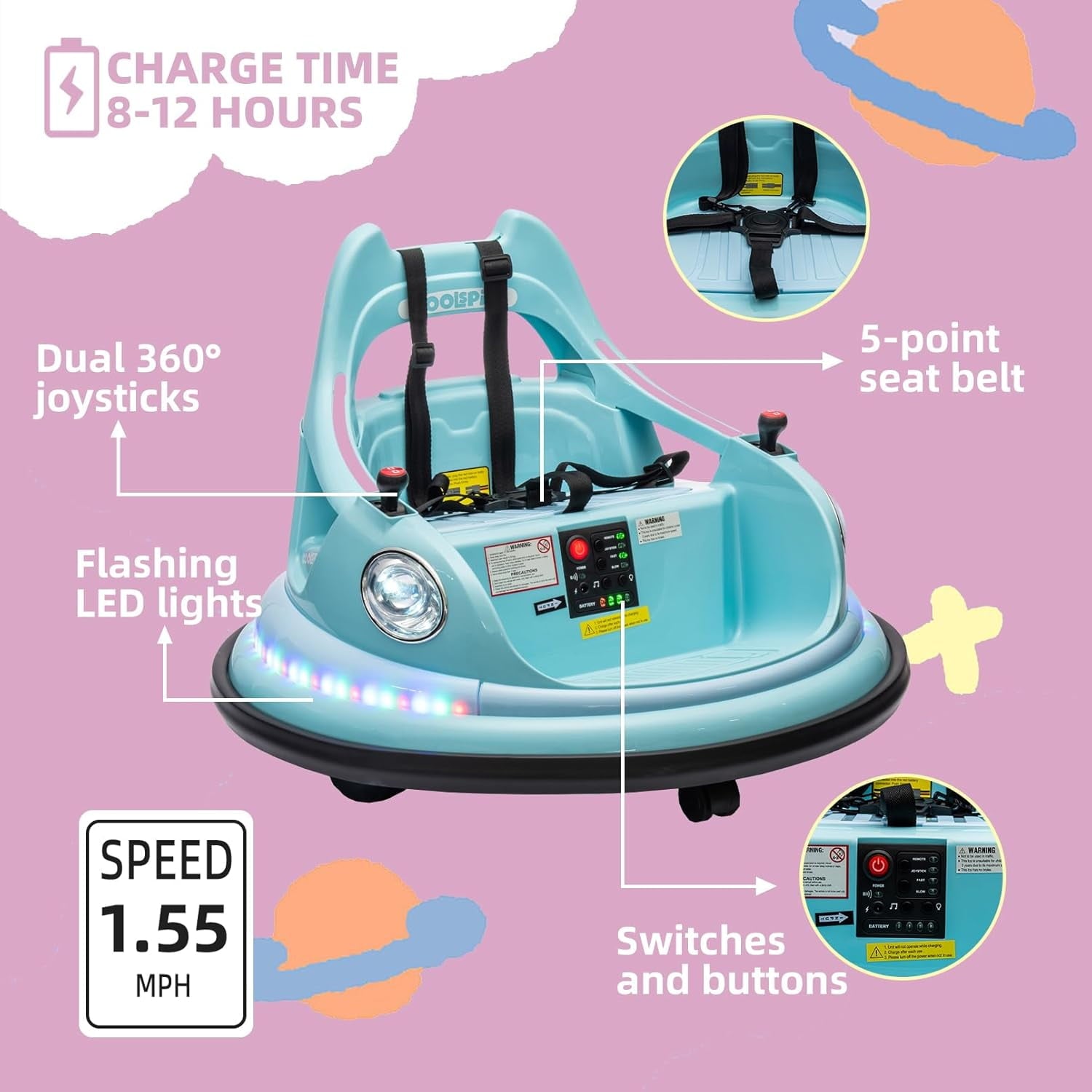 Track Seven 12V Bumper Car for Toddlers, Kids Electric Bumper Car with Remote Control, LED Lights, Bluetooth, 360°Spin, Ride on Toy Car for Boys Girls Aged 2+, Blue