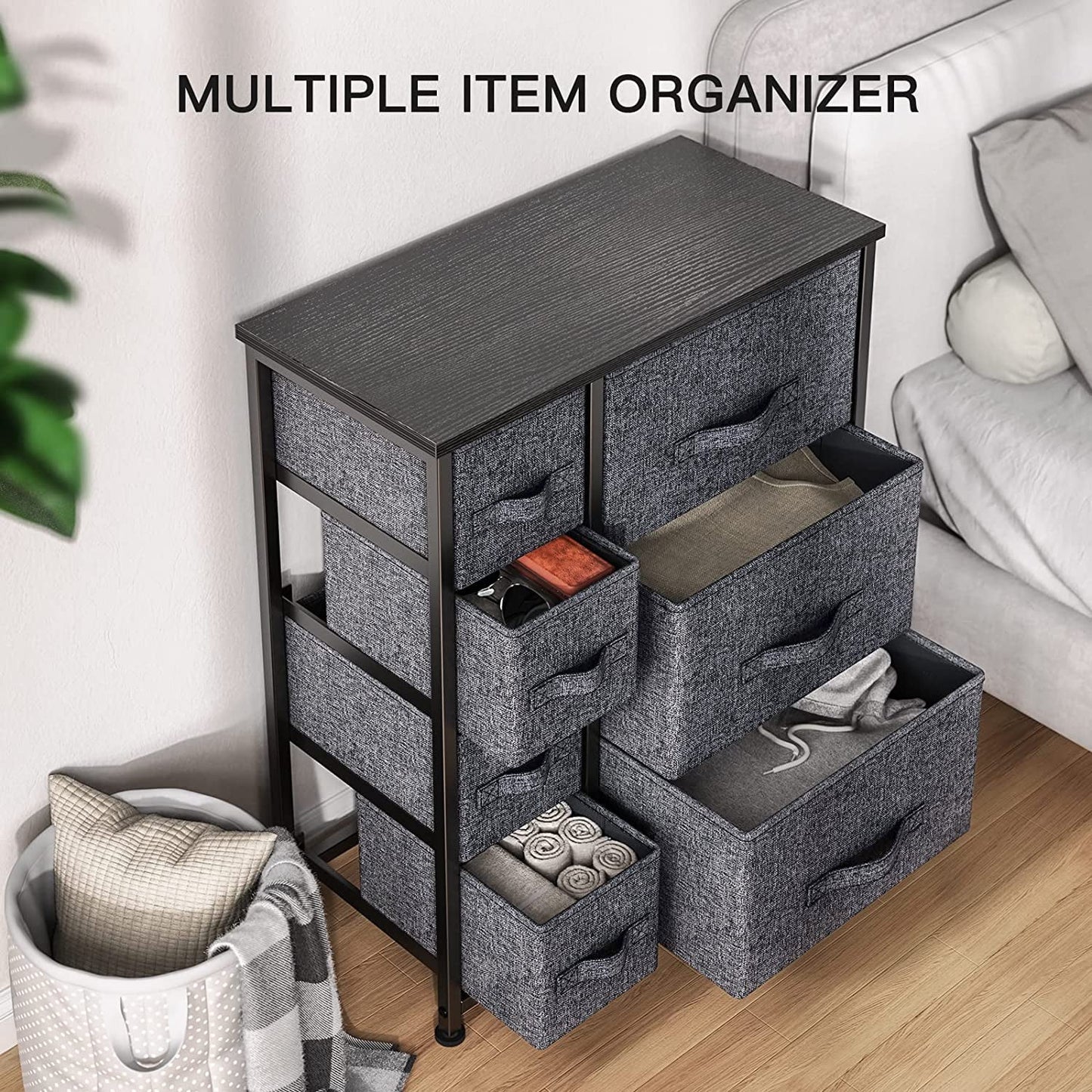 COOKCOK Fabric Dresser with 7 Drawers,Storage Tower Drawer Dresser for Bedroom, Closets, Bedroom, Nursery Room, Hallway, Entryway, with Wood Top and Easy Pull Handle,Dark Grey