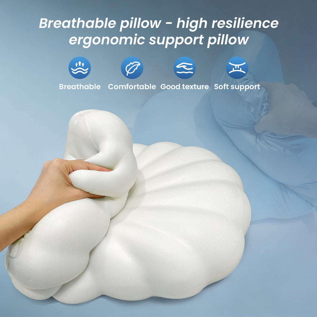 COOKCOK Ergonomic Cervical Memory Foam Pillow for Neck Pain Relief, Cooling Shell Cloud Bed Pillow for Side Back Sleepers, Blue
