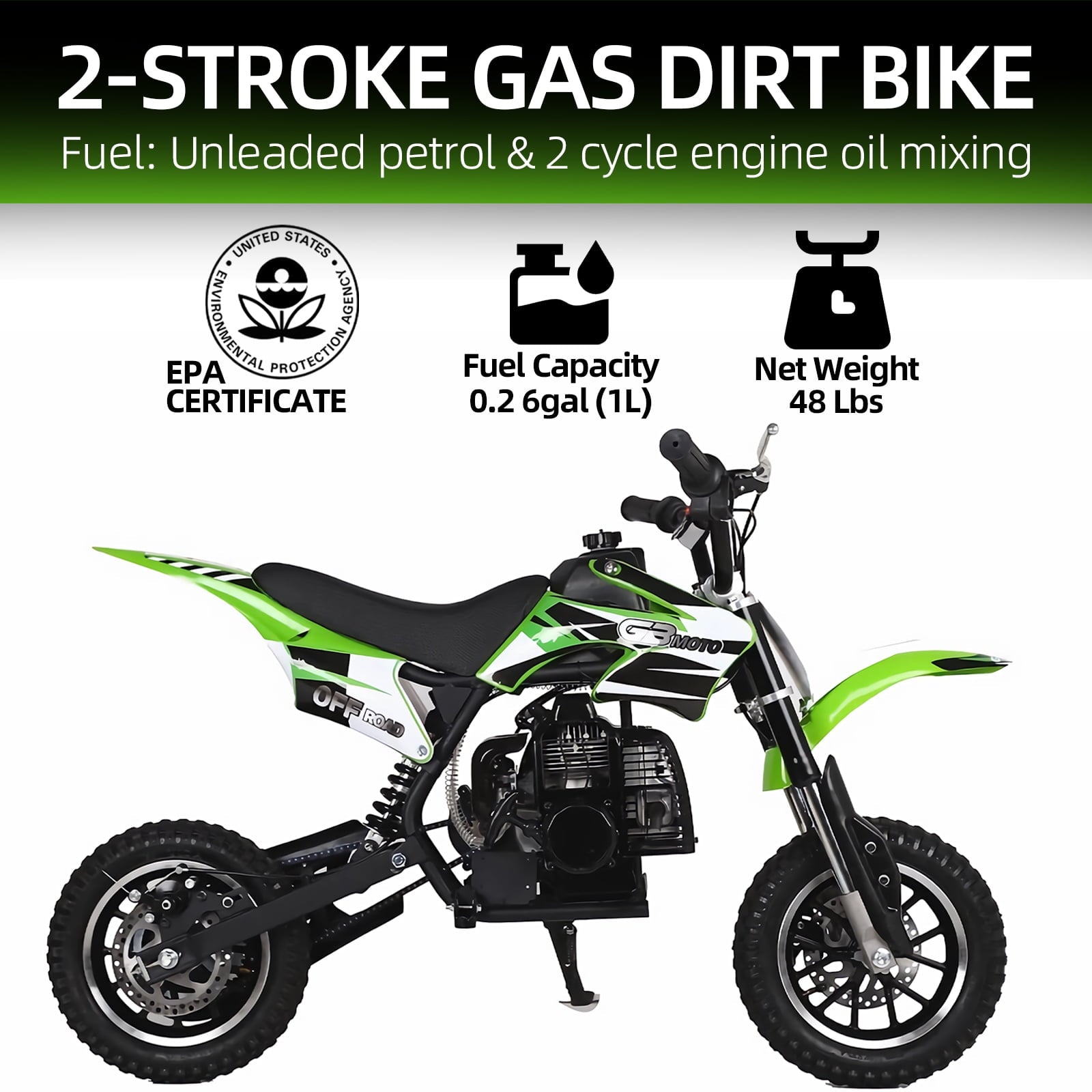 Track 7 49CC 2-Stroke Kids Dirt Bike, Off Road Gas Motorcycle, Up to 20Mph, Gas Dirt Bike w/Rear Suspension, Pull Start, Front & Rear Disc Brake, Green