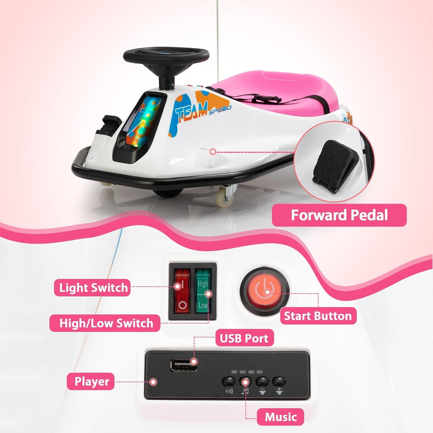 Track 7 24V Electric Drifting Go Kart for Kids, Kids Electric Go Kart w/360-Degree Spin, Music, Bluetooth, Flag, Drift Kart Up to 7.5 mph, Pink