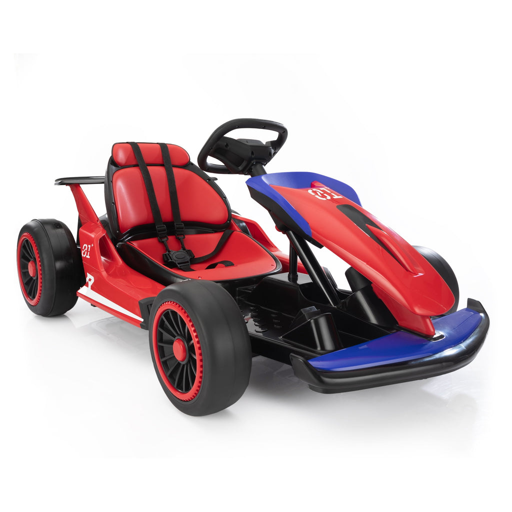 Track 7 24V Electric Ride-On Go Kart for Kids, Drift Kart with 5 MPH Max Speed, High/Low Speed, Accelerator Pedal, Music, Safety Belt, Battery-Powered Drifting Car for Children, Red and Blue