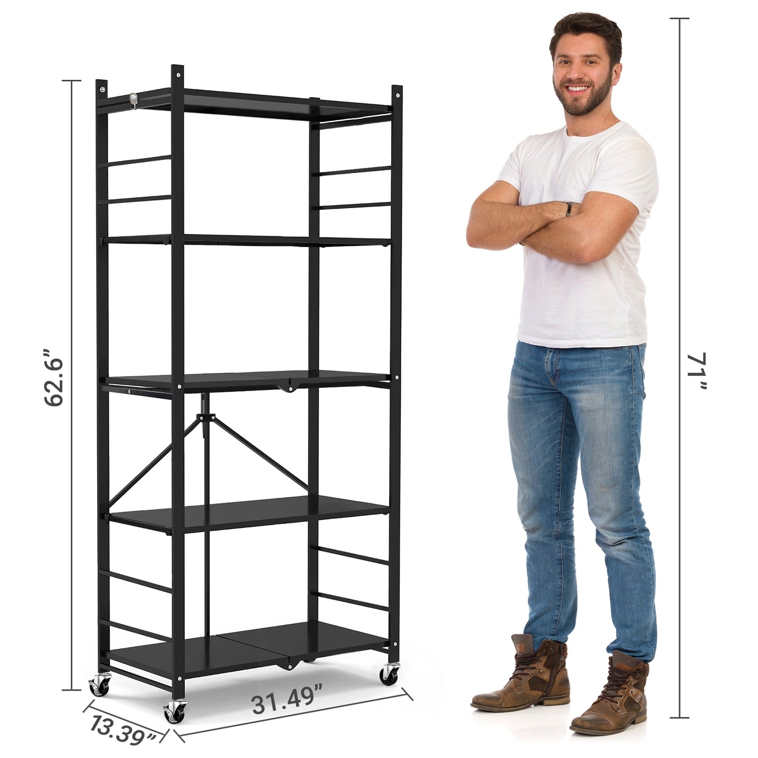 COOKCOK 5-Tier Storage Shelving Unit, Metal Shelf, Adjutable Height, Foldable Storage Shelf with Wheels, Garage Shelf, Kitchen Shelf, Side Protective, 550lbs Capacity, Black