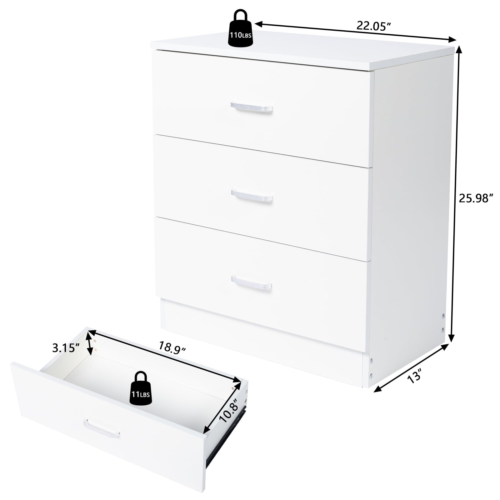 COOKCOK 3 Drawer Dresser, Wood Drawer Chest Dresser Cabinet with Storage, 22.05"x 13"x25.98", Storage Cabinet, Clothing Organizer with Cut-Out Handle, Nightstand for Living Room, Bedroom, White