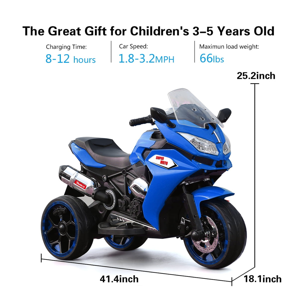 Track 7 12 V Kids Ride on Motorcycle, 3 Wheels Electric Trike Motorcycle for Boys and Girls, Light Wheels, Music, Headlights, Blue