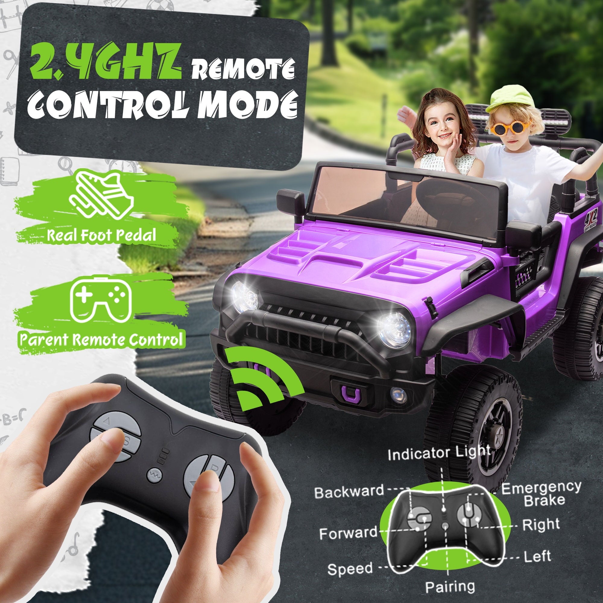 Track 7 24V Ride on Car, 2-Seater Ride on Truck, 400W Motors, 20" Width Seat, LED Lights, Music, Bluetooth, Remote Control, Electric Off-Road Truck Car for Boys Girls Age 3+, Purple