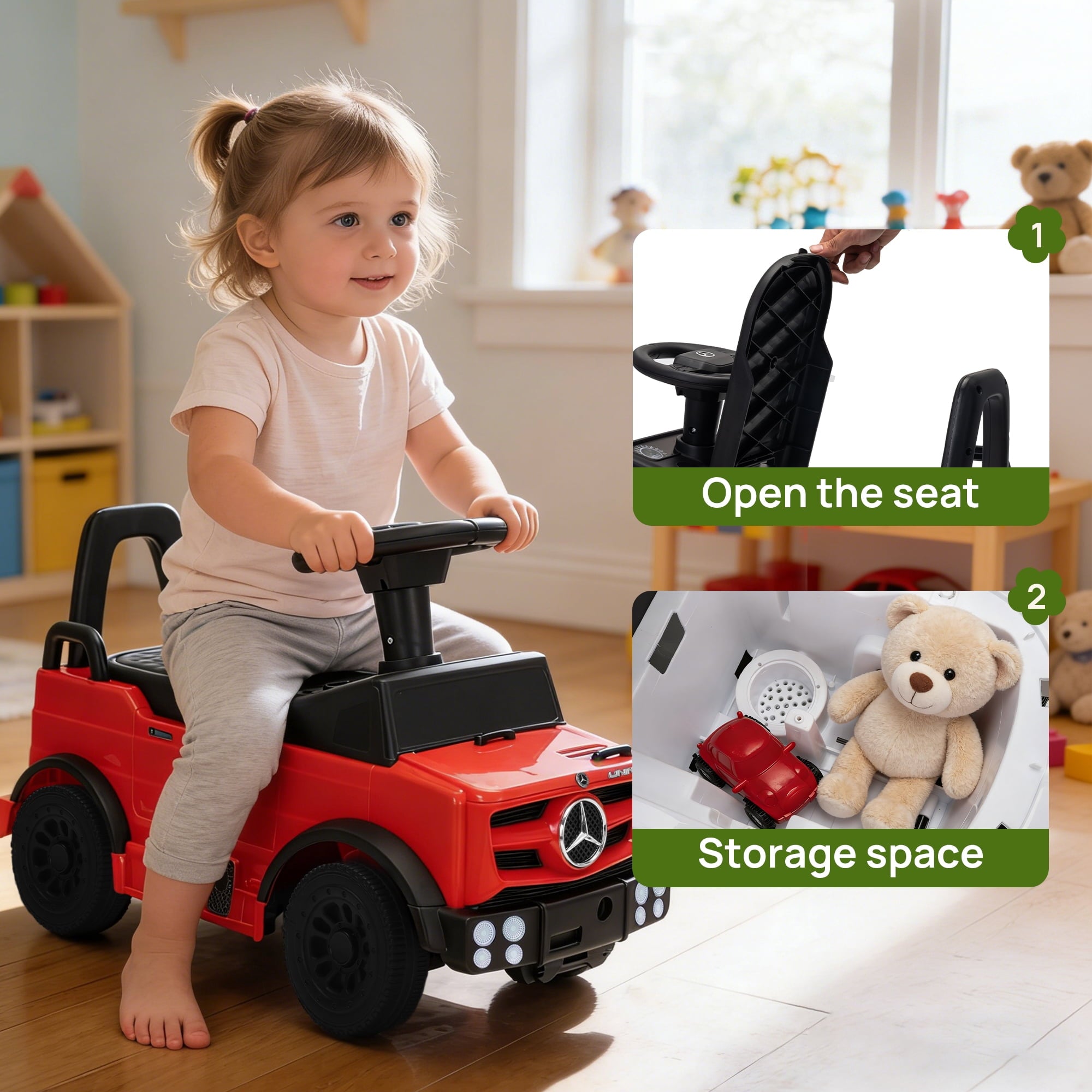 Track Seven Ride-On Push Car for Toddlers, Licensed Mercedes-Benz Unimog Sliding Car w/Steering Wheel, Under Seat Storage, Foot-to-Floor Ride On Toy for Boys & Girls Aged 1-3 Years, Red