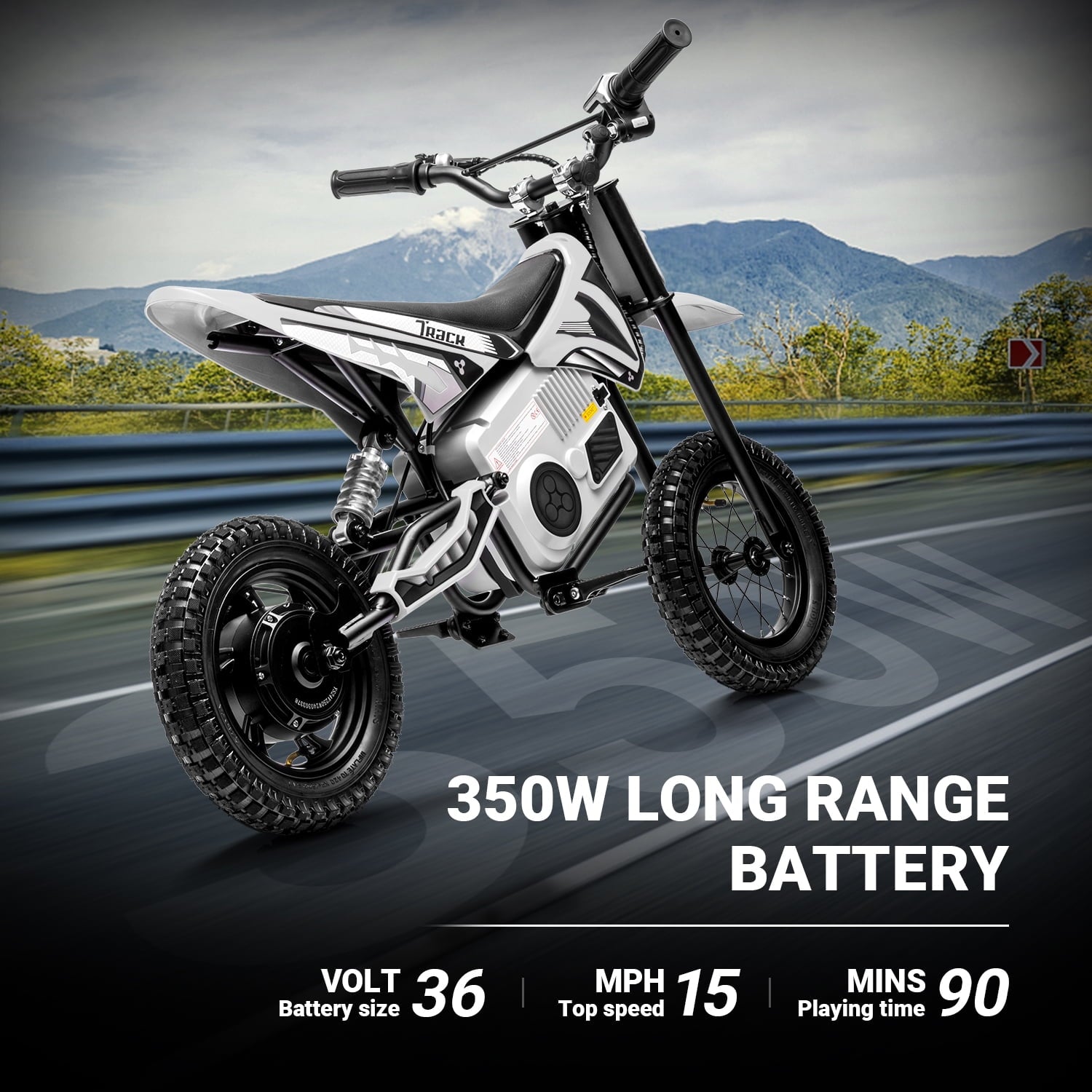 Track Seven 36V Electric Dirt Bike, 350W Ride on Motorcycle with Twist Grip Throttle, Hand-Operated Dual Brakes, for Age 8-12, White