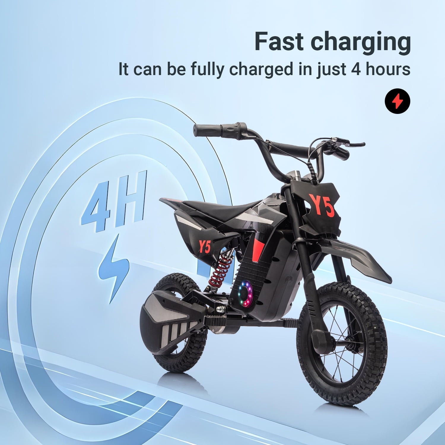 Track Seven 24V Electric Dirt Bike, 250W Ride on Motorcycle, 3 Speed Up-to 9.32 mph, Battery Display, Rear Suspension, Disc Brake, Bluetooth, LED Light, Electric Motocross Bike for Kids Age 8+, Black