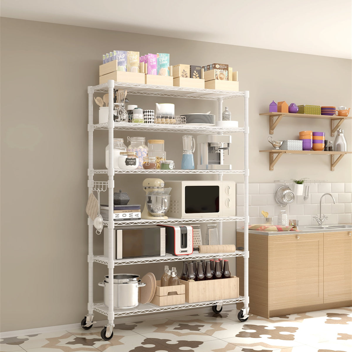 COOKCOK 6-Tier Wire Shelving Unit with Wheels 46"W x 18"D x 82"H, White