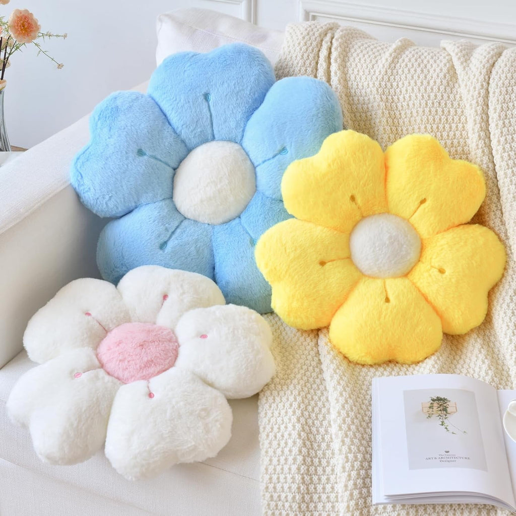 COOKCOK Flower Pillow, 15" Flower Shaped Throw Pillows for Bed Couch, Cute Daisy Flower Pillows Seating Cushions with Room Decor for Bedroom Living Room, White