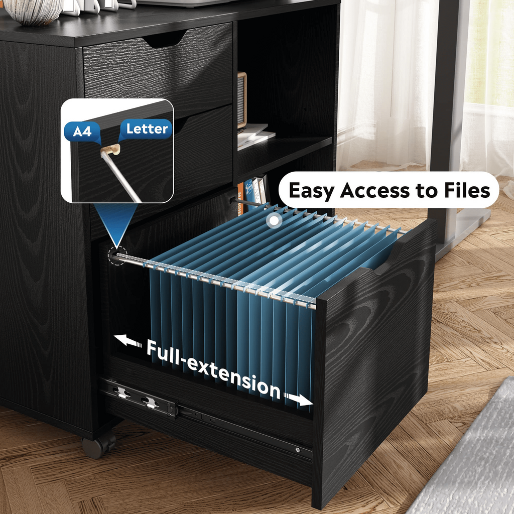 LISUEYNE 3-Drawer Wood File Cabinet, Mobile Lateral Filing Cabinet, Rolling Printer Stand with Open Storage Shelves for Home Office, Black