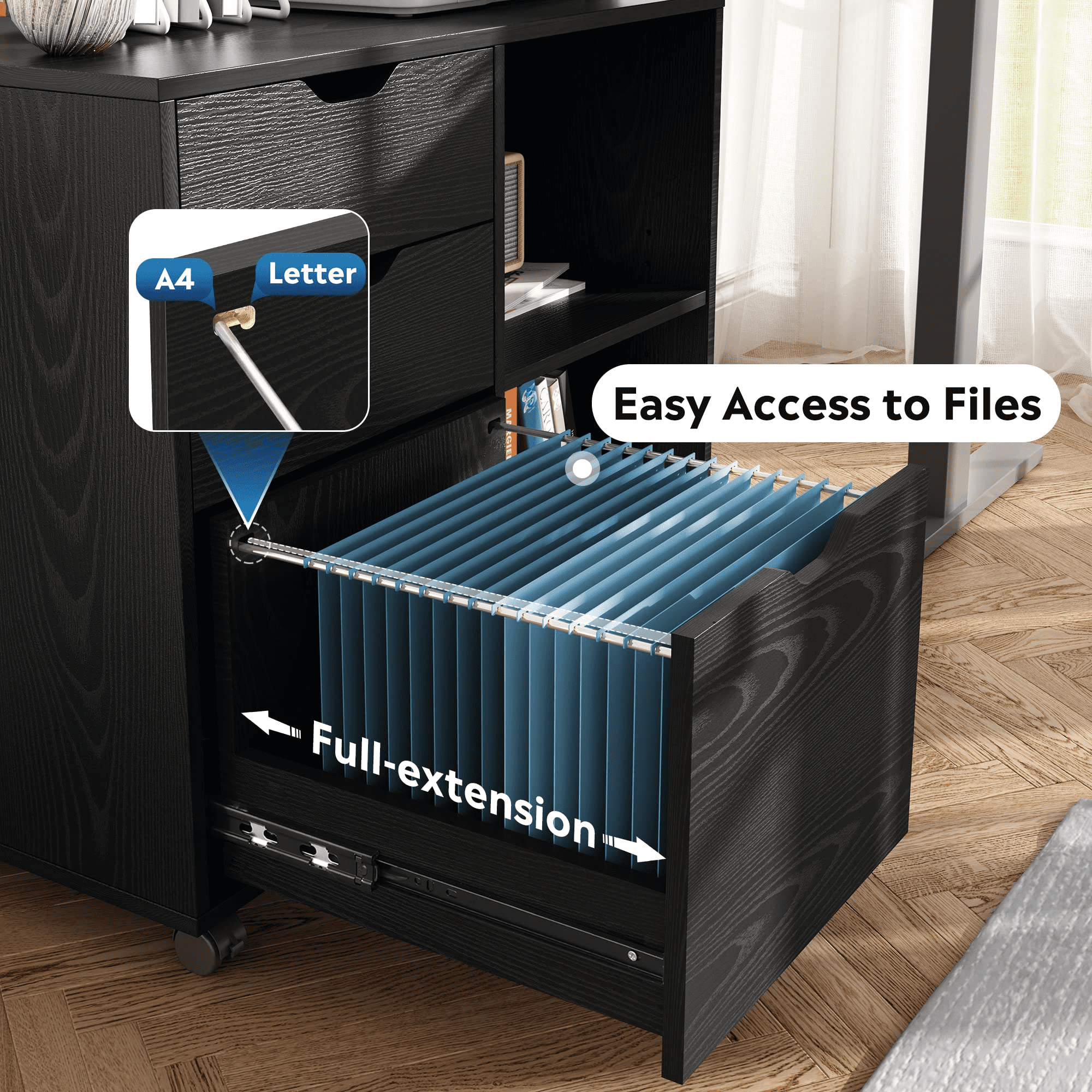 LISUEYNE 3-Drawer Wood File Cabinet, Mobile Lateral Filing Cabinet, Rolling Printer Stand with Open Storage Shelves for Home Office, Black