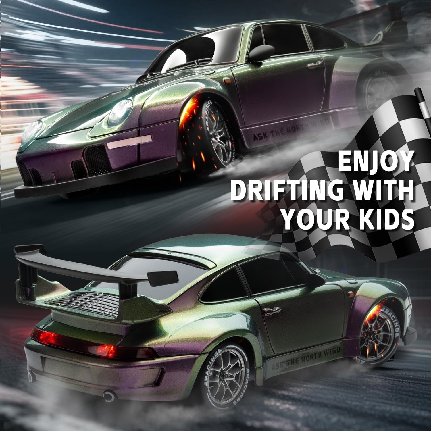 Track Seven RC Drift Car, 1:24 Scale Remote Control Vehicle with LED Lights, 2.4GHz 20KM/H 4WD High Speed RC Cars, Drifting Tires＆Two Batteries, Racing Sports Toy Idea Gift for Adults Boys Girls