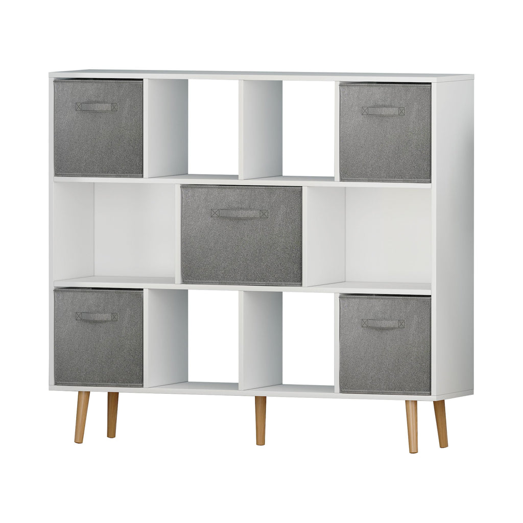 COOKCOK 11-Cube Storage Organizer, Bookshelf with Storage Bins, 4 Tier Freestanding Open Bookshelf with 5 Nonwoven Fabric Drawers,White