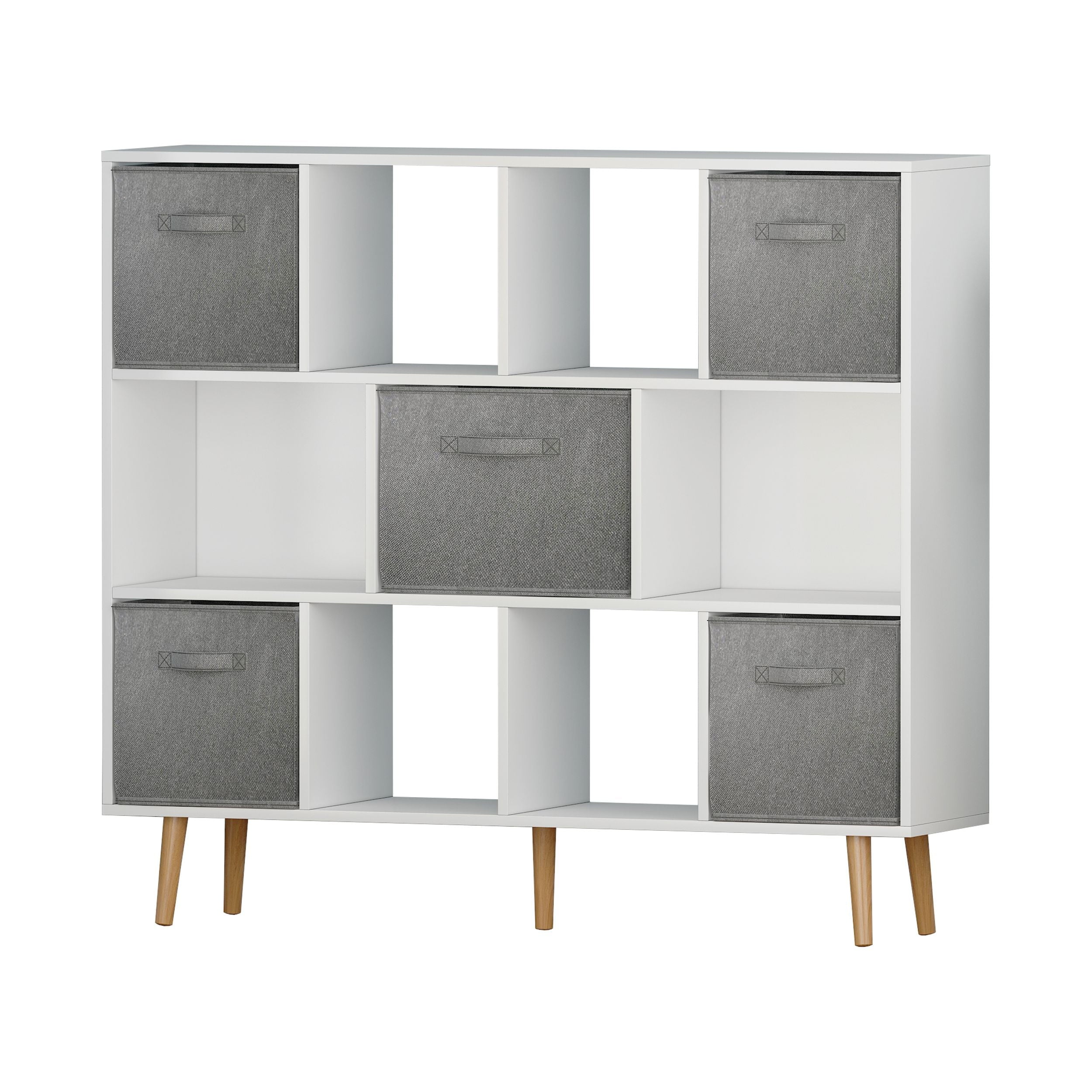 COOKCOK 11-Cube Storage Organizer, Bookshelf with Storage Bins, 4 Tier Freestanding Open Bookshelf with 5 Nonwoven Fabric Drawers,White