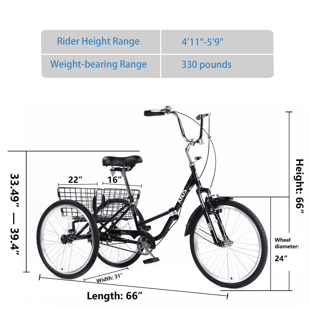 LISUEYNE Adult Folding Tricycles,Three Wheel Cruiser Bike,24 inch Wheels Adult Trikes with Low Step-Through,Large Basket,Foldable Tricycle for Adults,Women,Men,Adjustable Seat,Black