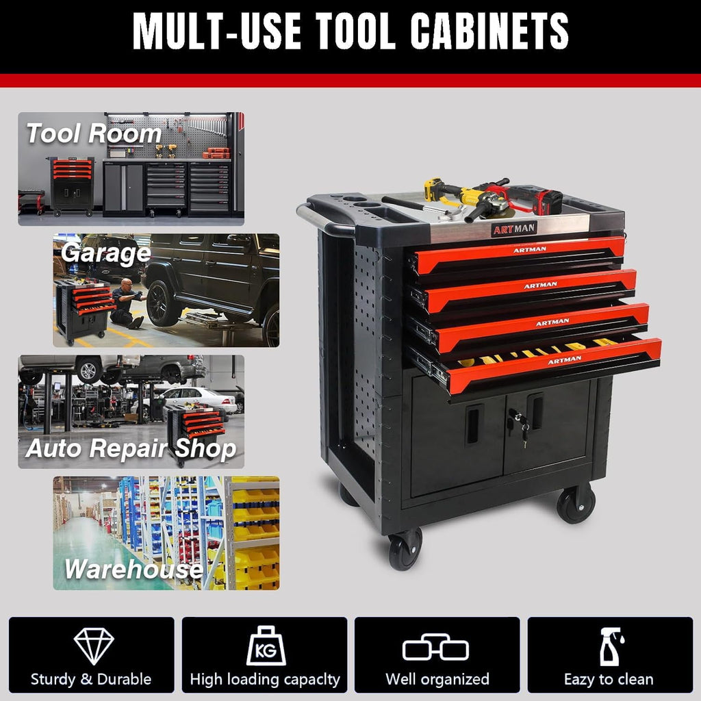 COOKCOK Tool Chest, 4-Drawer Rolling Tool Storage Cabinet, Tool Box Organizer w/Locking System & Lockable Wheels & Removable Drawers, Black