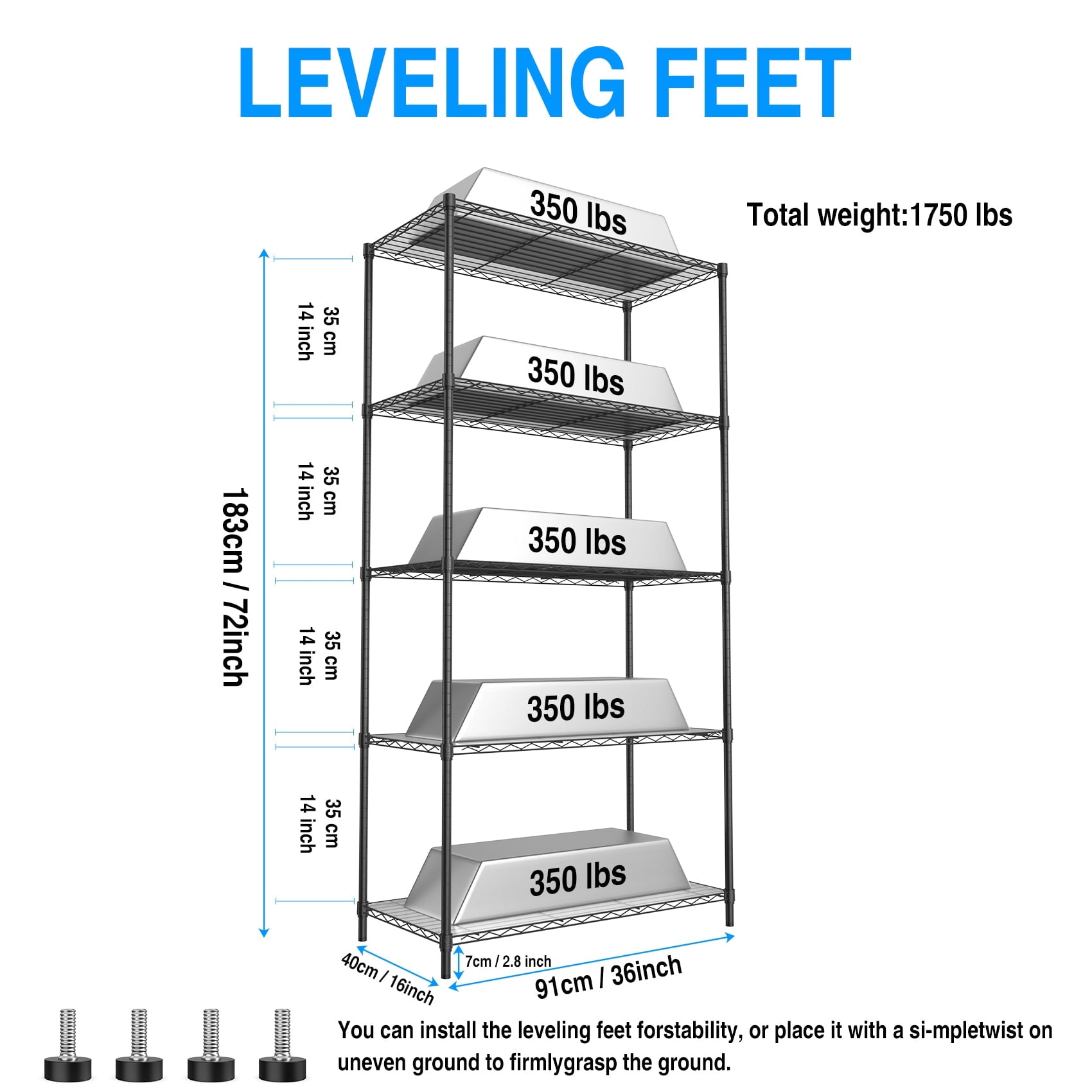 COOKCOK 5-Tier Wire Shelving Unit, Height Adjustable Metal Shelves, 36" x 16" x 72" Heavy Duty Storage Shelf with PE Mat, Steel Shelving 1750lbs Capacity for Closet Pantry Basement, Black