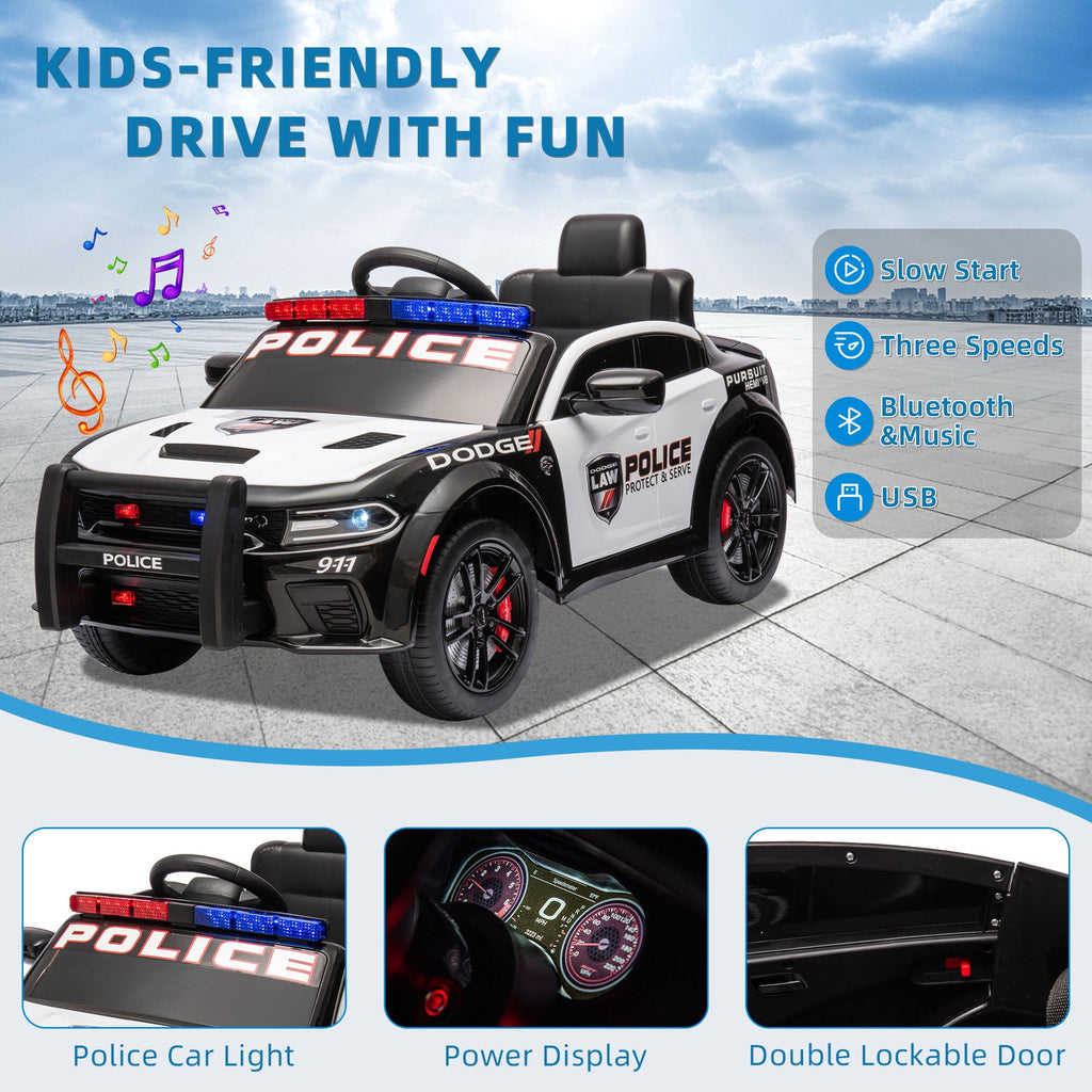 SUSIELADY 12V Kids Ride on Police Car, Licensed Dodge Charger, with Anti-Collision Bar, Front & Top Alarm Light, 4 Wheel Suspension, Remote Control, Sticker, Megaphone