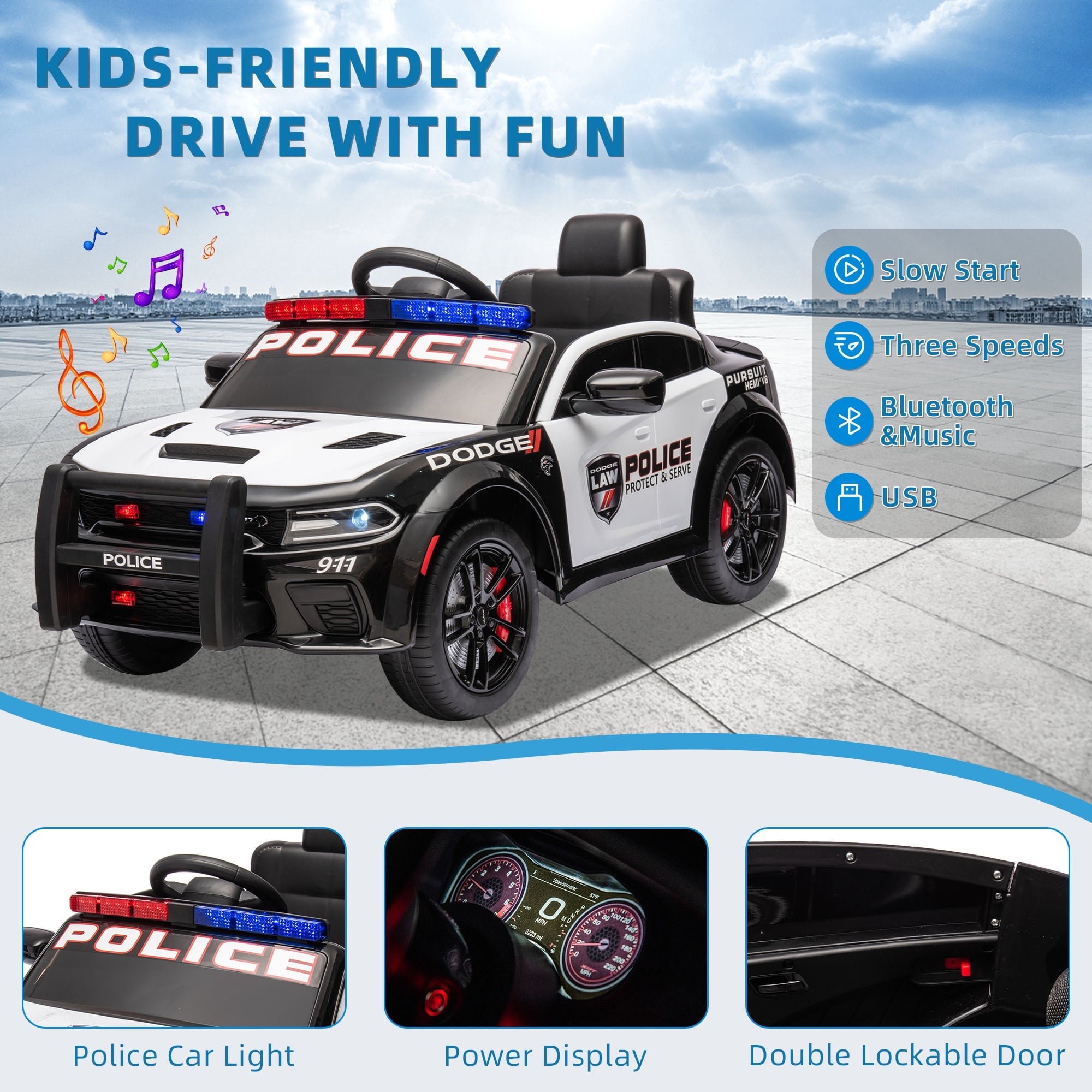 SUSIELADY 12V Kids Ride on Police Car, Licensed Dodge Charger, with Anti-Collision Bar, Front & Top Alarm Light, 4 Wheel Suspension, Remote Control, Sticker, Megaphone