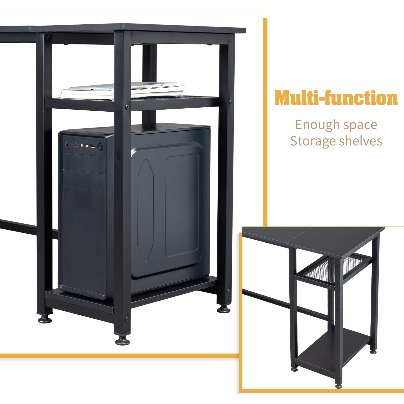 COOKCOK L Shaped Desk, 55" Computer Desk with Power Outlets, Reversible Corner Desk with Storage Shelves, Home Office Desk for Writing Gaming Study, Black