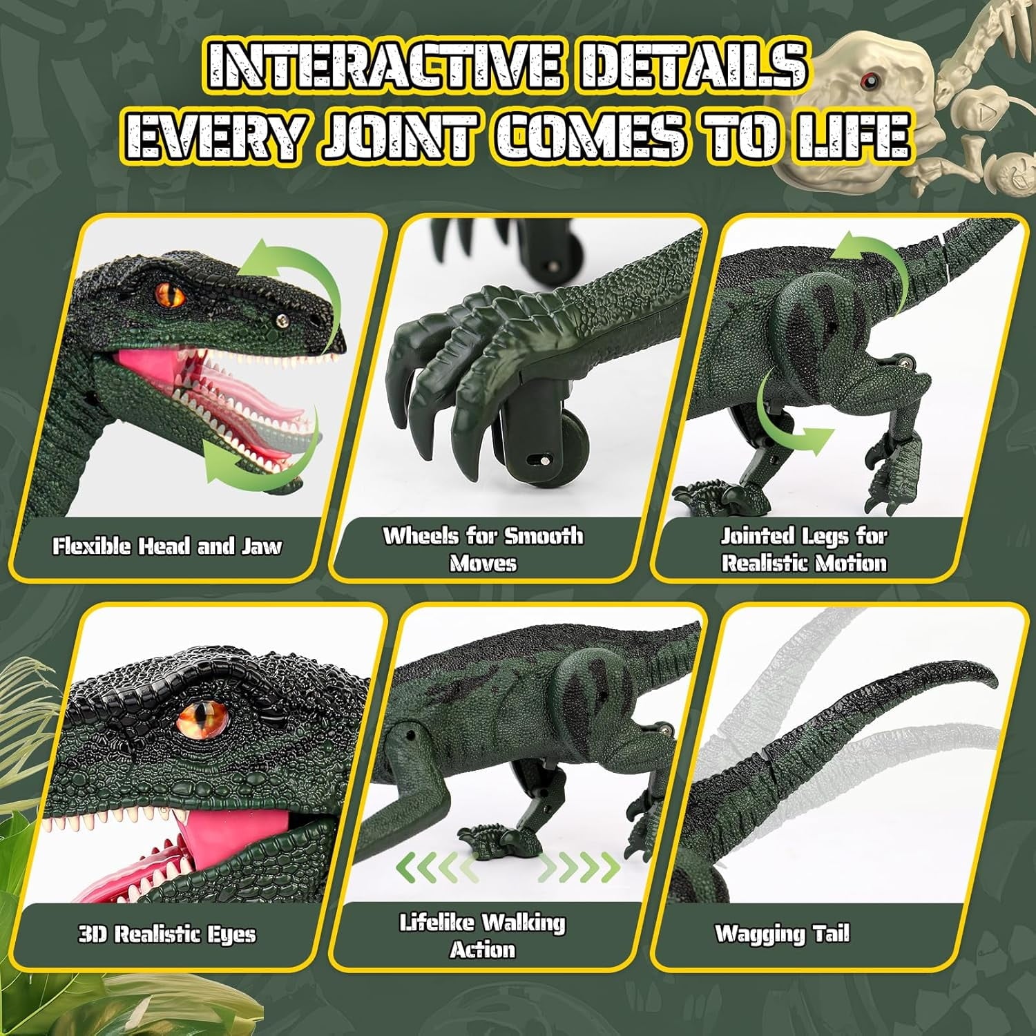 Track Seven Dinosaur Toys for Kids 3-5, 5-7, 8-12, 2.4GHz Remote Control Dinosaur with Walking, Realistic Sounds, Demo Mode, Rechargeable Jurassic Toys for Birthdays, Parties, Children’s Day, Green