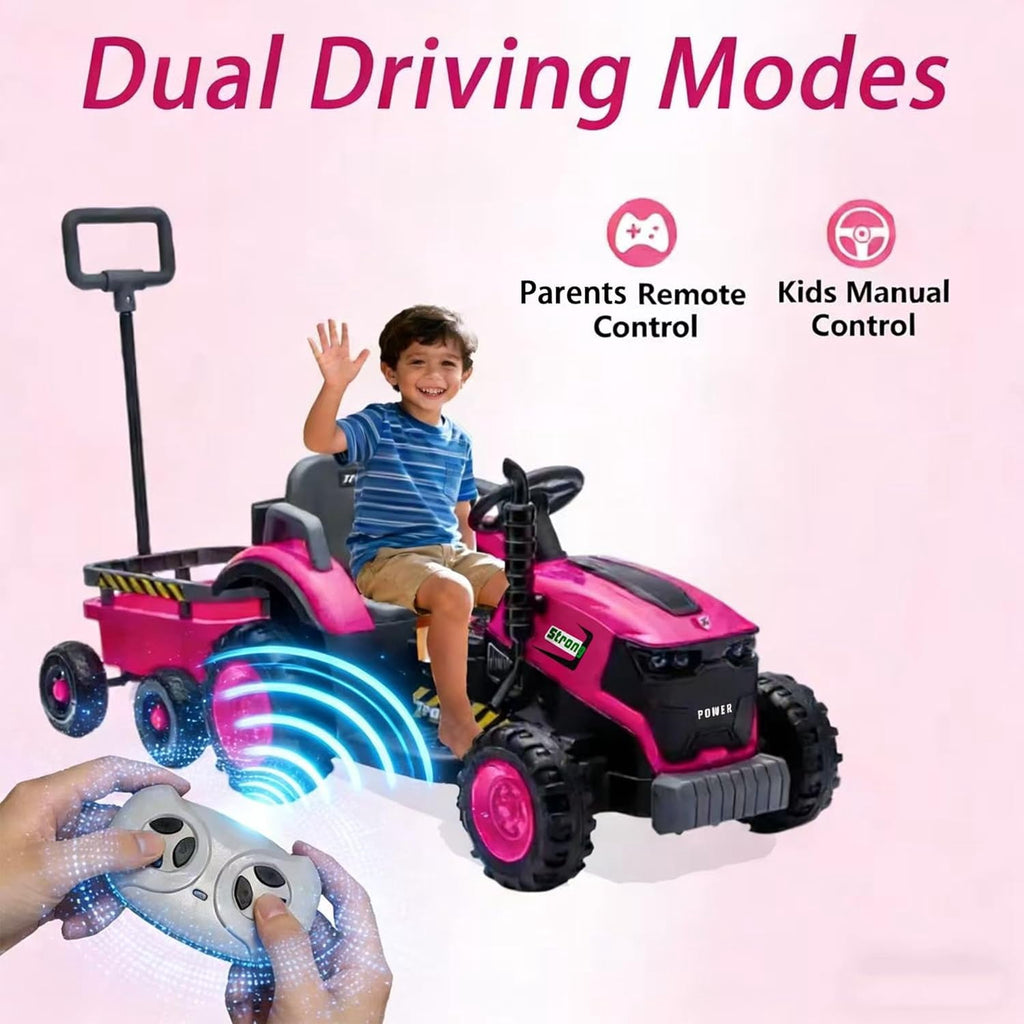 Track Seven 12V Ride on Tractor with Detachable Trailer, Kids' Electric Vehicles with LED Lights, Music, Remote Control Tractor Toy for Boys Girls Aged 3+, 12V Ride on Toys Car for Kids, Pink