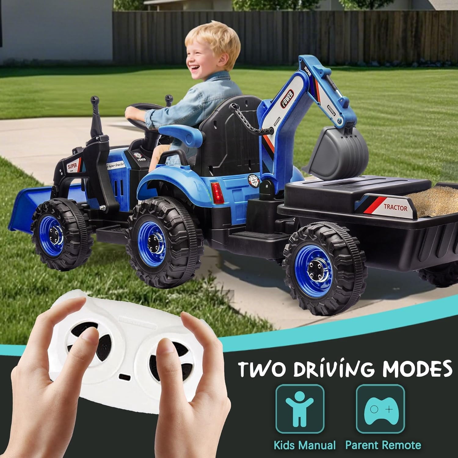 Track Seven 24V Ride on Excavator, 4-in-1 Construction Excavator, Dump Truck & Bulldozer, Ride on Tractor Electric Car with Remote Control, Swivel Seat, Music, Ride on Toy Car for Kids Aged 3+