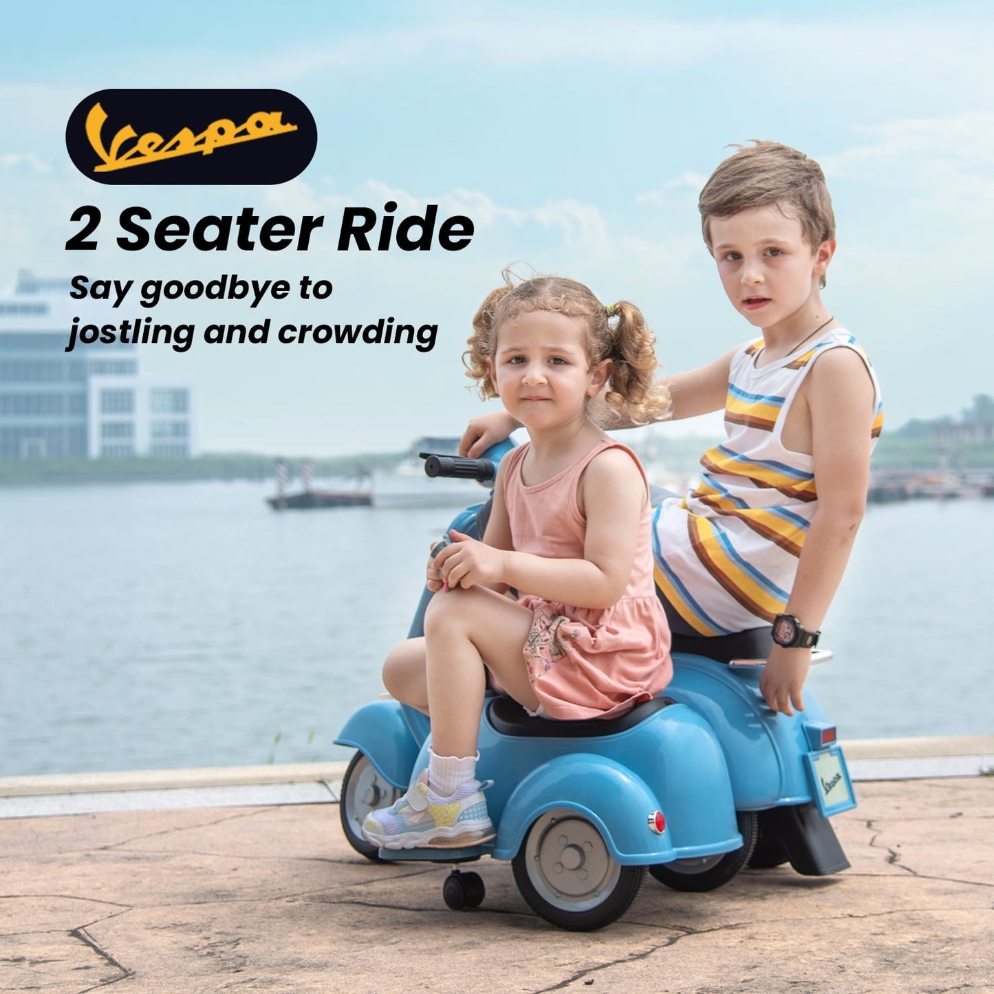 Track Seven 2-Seater Ride on Motorcycle, Licensed Vespa Electric Motorcycle with Side Car, 2-Seater Ride on Car, Music, Storage Bin, Max Speed 3.7mph, Blue