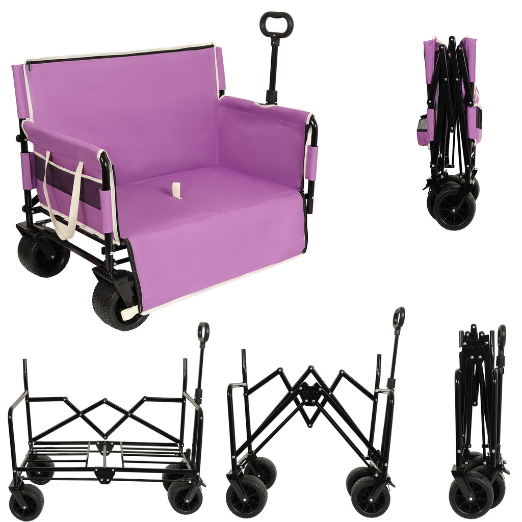 COOKCOK 3-in-1 Convertible Folding Wagon Cart with Bench Seat, 500lbs Heavy Duty Utility Wagon with Adjustable Handle, 180L Capacity All-Terrain Wheels for Camping, Beach, Garden, Dark Blue