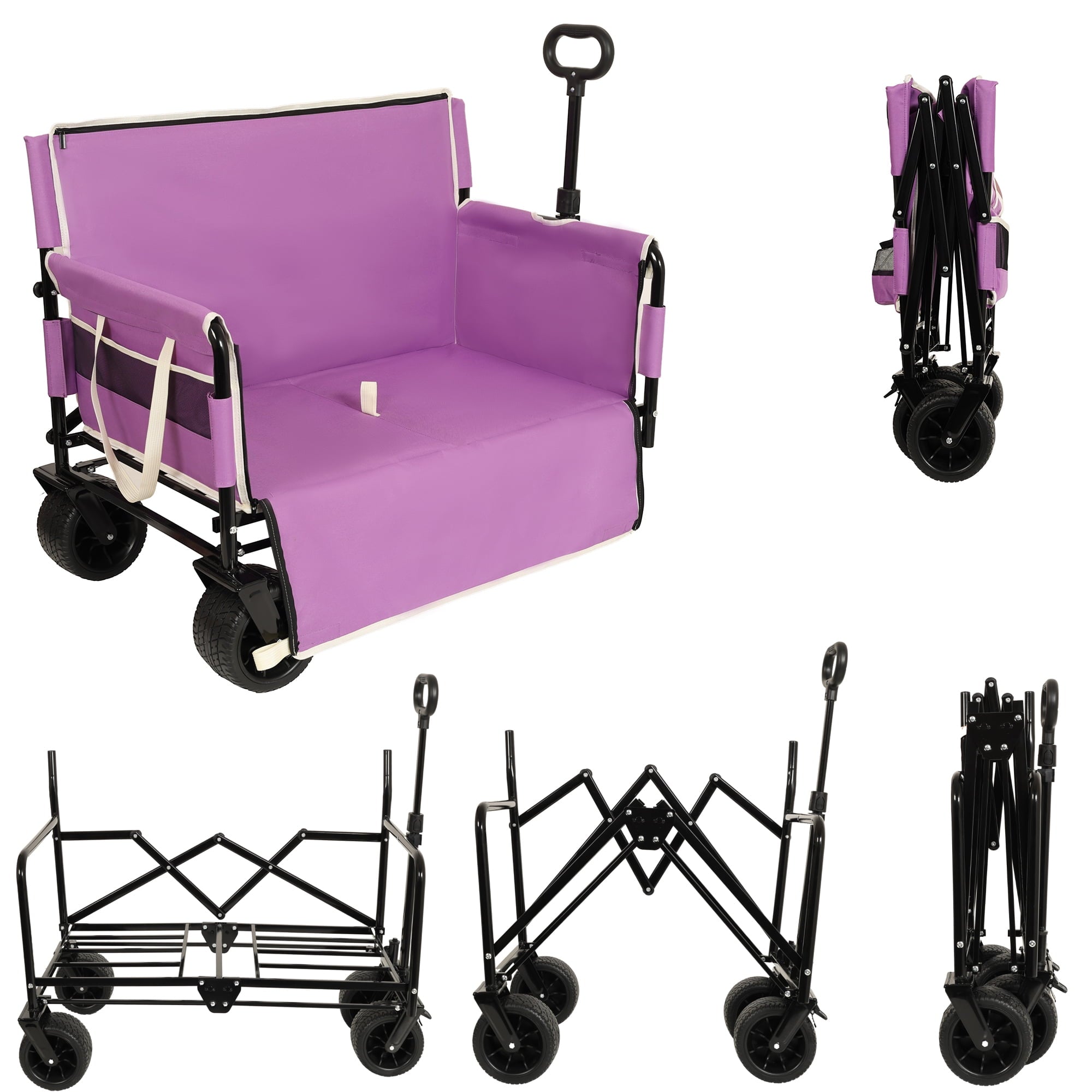 COOKCOK 3-in-1 Convertible Folding Wagon Cart with Bench Seat, 500lbs Heavy Duty Utility Wagon with Adjustable Handle, 180L Capacity All-Terrain Wheels for Camping, Beach, Garden, Dark Blue