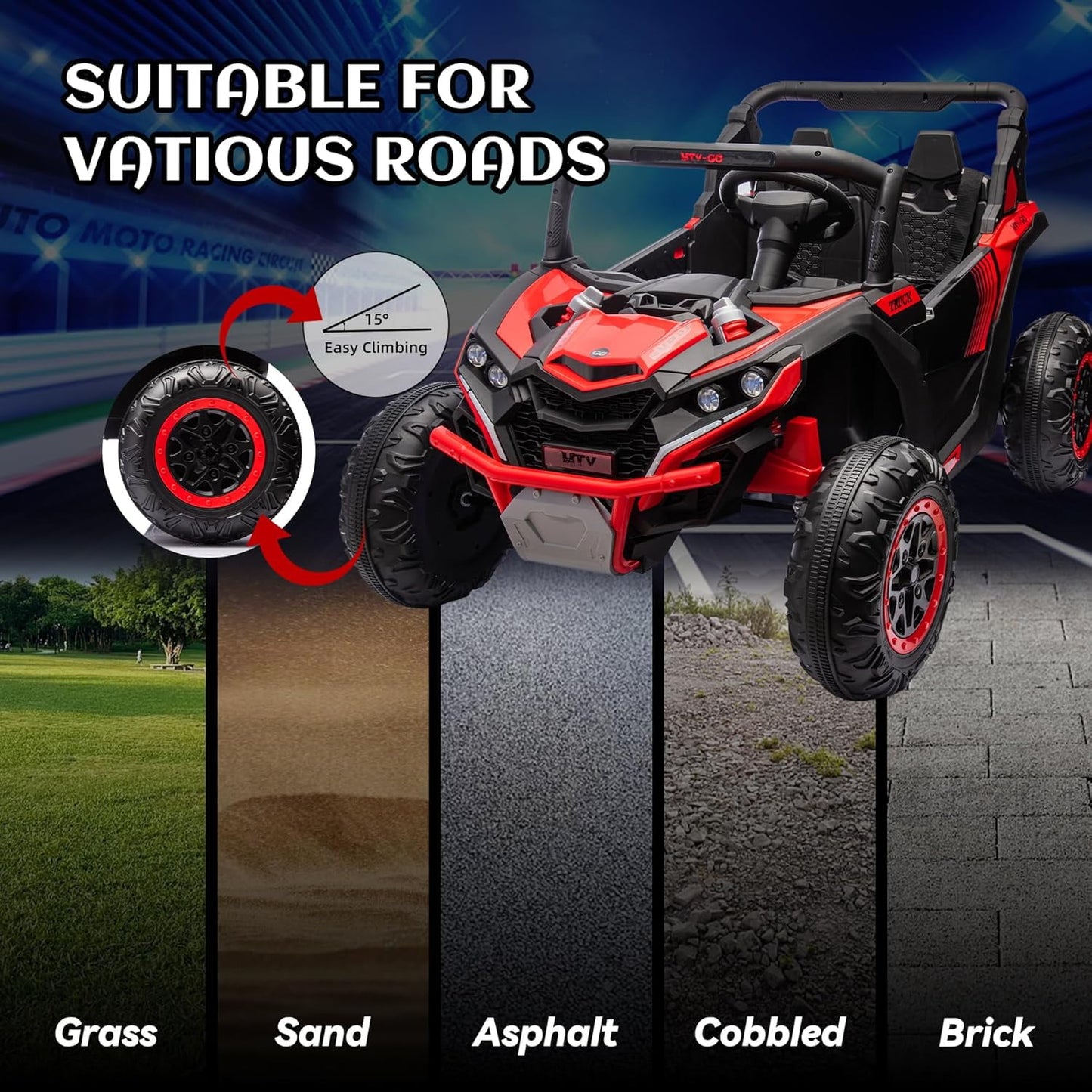 Track 7 24V 2-Seater Ride on UTV, 20" Large Seat, 2 x 200W Powerful Motors, 4.5 mph Max Speed, Ride on Car w/Remote Control, MP3, Lights, Battery Powered Electric Car for Boys Girls Age 3+, Blue