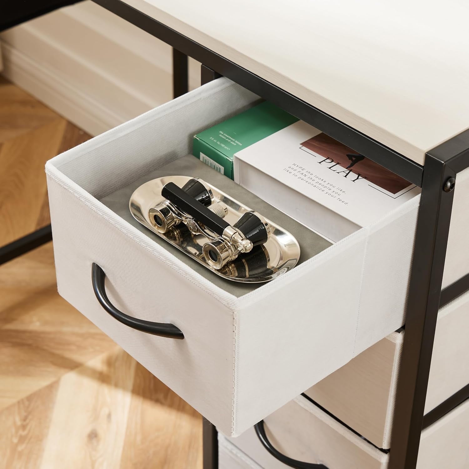 COOKCOK Computer Desk with Fabric Drawers Office Small Desk 36" Wide Desk with Headphone Hooks & Storage Bag for Student Kids Reading Table for Small Spaces, White