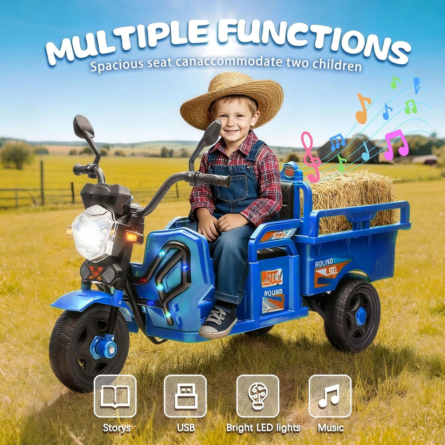 Track Seven 12V Kids Ride on Car, Electric 3-Wheel Cargo Truck with Large Storage Space, LED Lights, Music, Electric Trike Ride on Toy for Kids Aged 3+, Blue