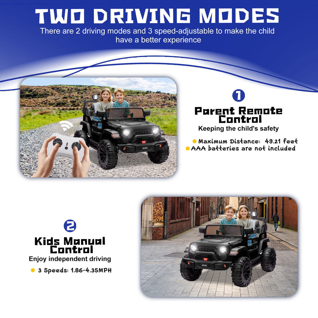 Track Seven 24V Ride on Truck, 2 Seater Ride on Toy Car for Big Kids, 19.7" Large Wide Seat, 4WD Electric Truck Car with Music, Bluetooth, Light and Searchlight, Max Speed 4.35 mph, Black