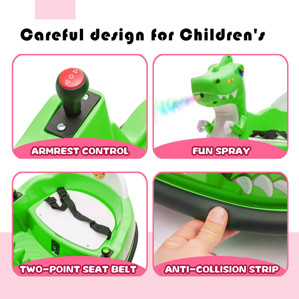 Track Seven 12V Electric Dinosaur Bumper Car for Kids, Spray Light, 360 Degree Rotation, Music, Large Size Seat Ride on Toy with Remote Control for Toddlers 2-5 Years, Green