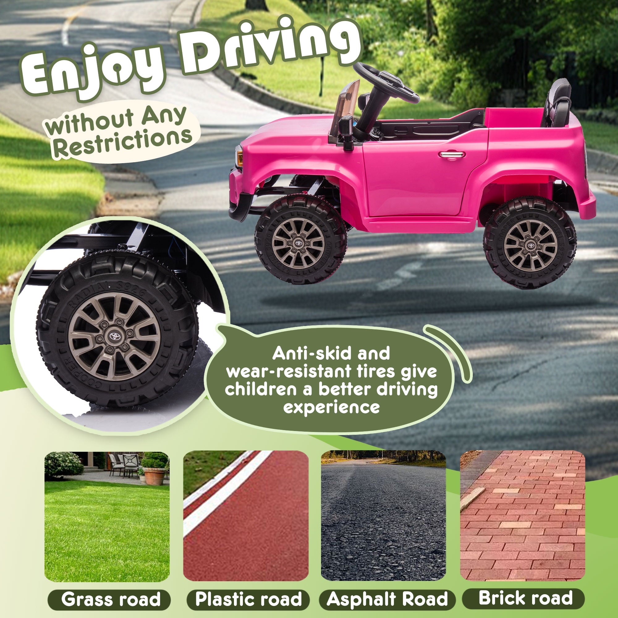 Track 7 12V Ride on Car, Licensed Toyota LC250 Ride on Truck for Kids, Electric Car with Remote Control, Power Display, Music, Bluetooth, 12V Ride on Toy Car for Boys Girls Age 2+, Pink