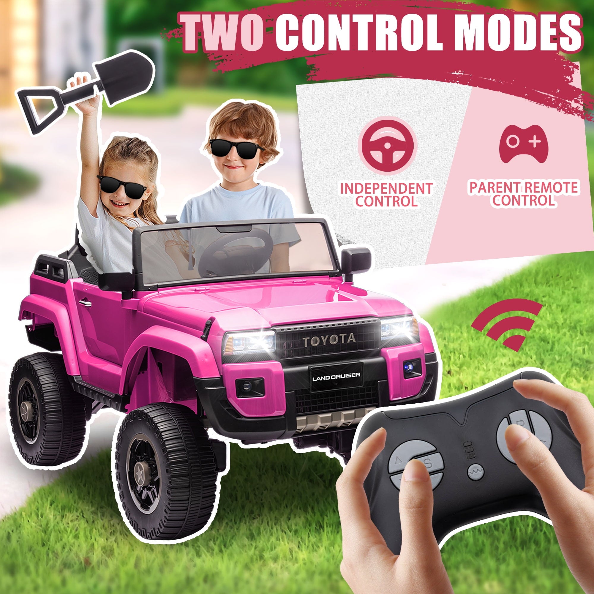SUSIELADY 24V Kids Ride on Pickup, 2-seater Licensed Toyota LC250, with Shovel, Three-point Belt, Slow Start, Speed Adjustment, Bluetooth, Music, for Kids Aged 3+
