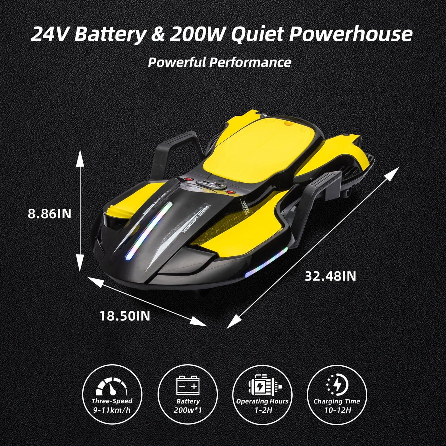 LISUEYNE 24V Ride on Car with Helmet, Knee Pads, Gloves, Devilfish Pattern Ride on Electric Scooter with Spray Function, Gravity Steering, Music, Hnadrails, Max Speed 6.84 mph, Black&Yellow