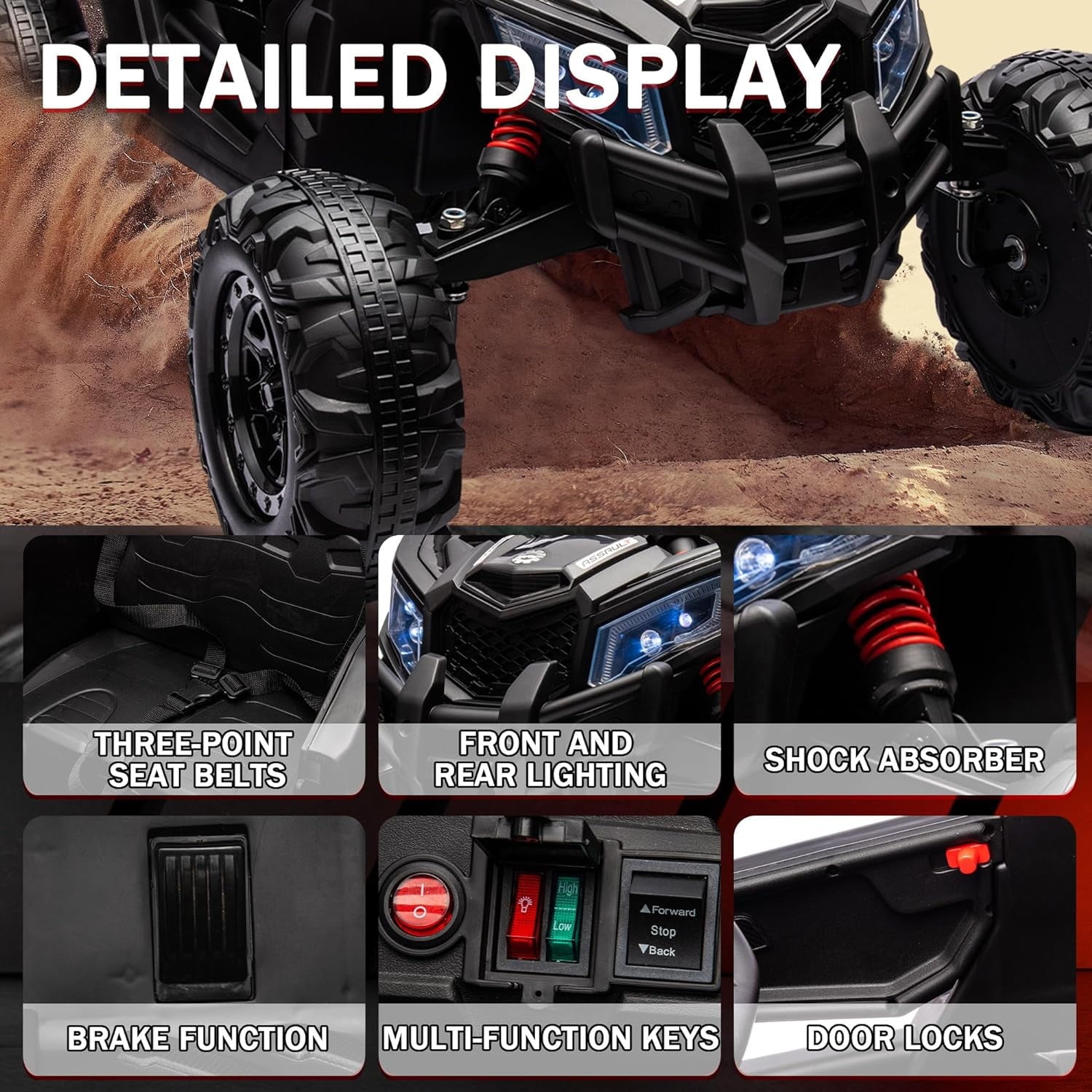 SUSIELADY 12V Off-Road Truck, Kids Ride on UTV, High-Low Speed Switch, with Remote Control, Music Player, Lights, for Kids Aged 3+