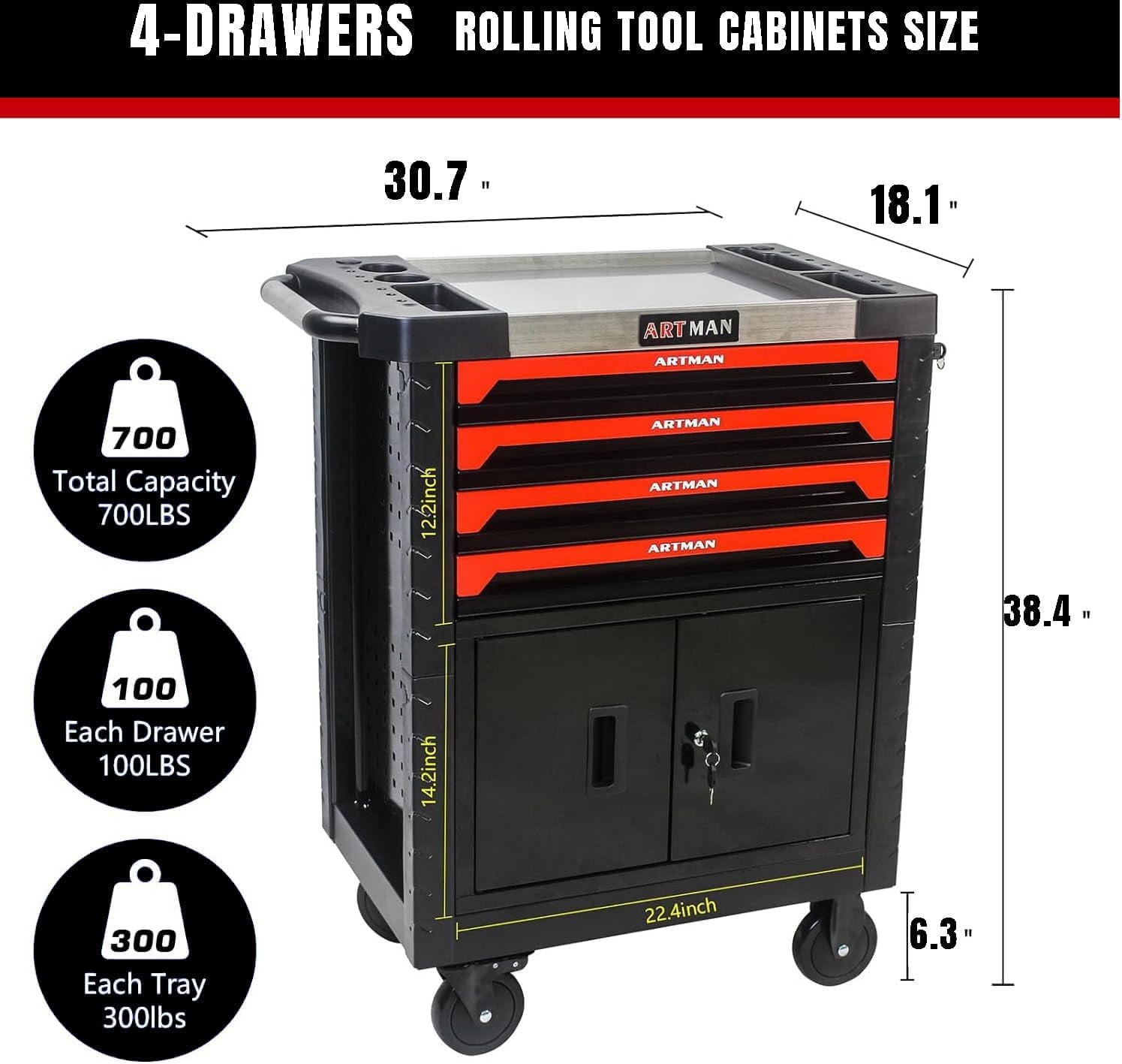 COOKCOK Tool Chest, 4-Drawer Rolling Tool Storage Cabinet, Tool Box Organizer w/Locking System & Lockable Wheels & Removable Drawers, Black